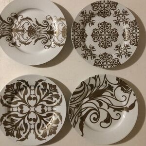 NEW 7.25 inch white + gold French scroll motif round appetizer plates, set of 4